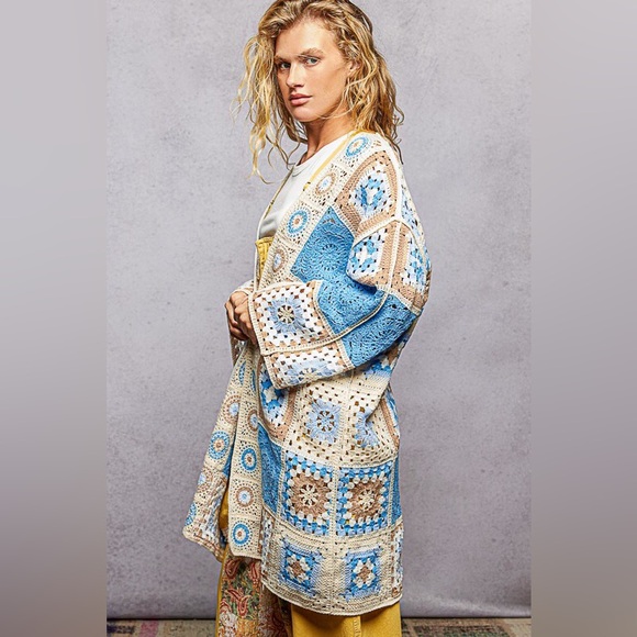 POL NWT Cardigan Blue Crocheted Relaxed Fit Granny Square Pattern One Size - Picture 2 of 3